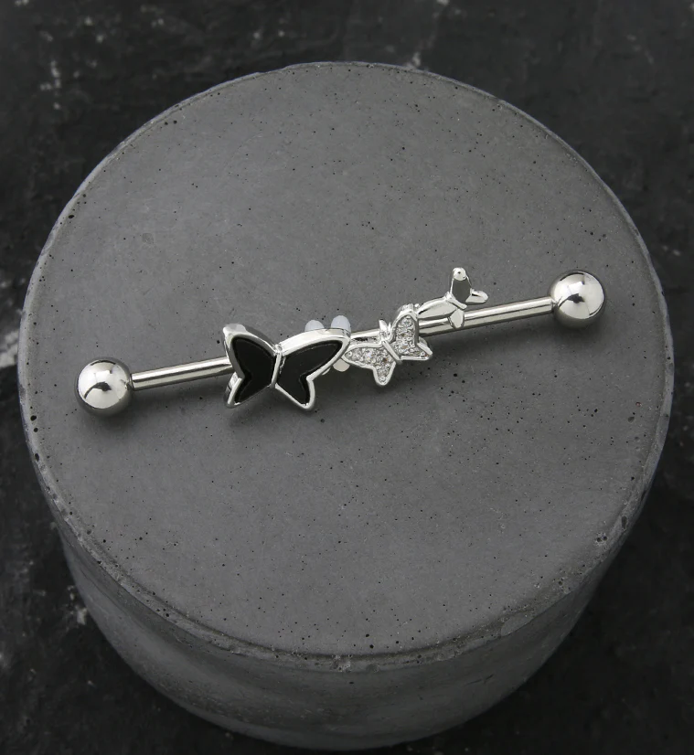 Triple Butterfly Shadow Clear CZ Industrial Barbell - Image 2