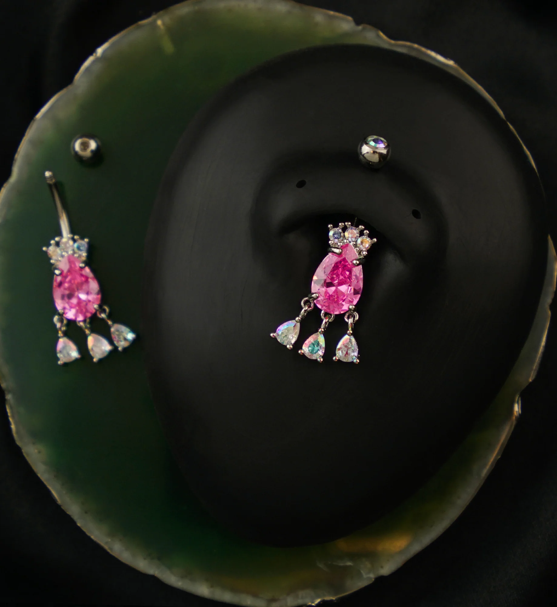 Triple Dangle Teardrop Pink And Rainbow Aurora CZ Stainless Steel Belly Button Ring - Image 2