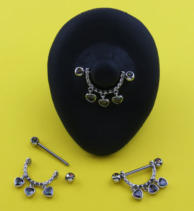 Triple Heart Dangle Black Aurora CZ Stainless Steel Nipple Barbell - Image 2