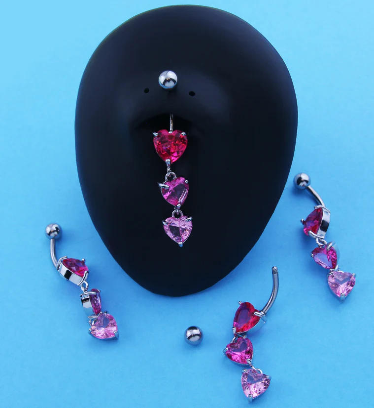 Triple Heart Pink CZ Dangle Stainless Steel Belly Button Ring - Image 2