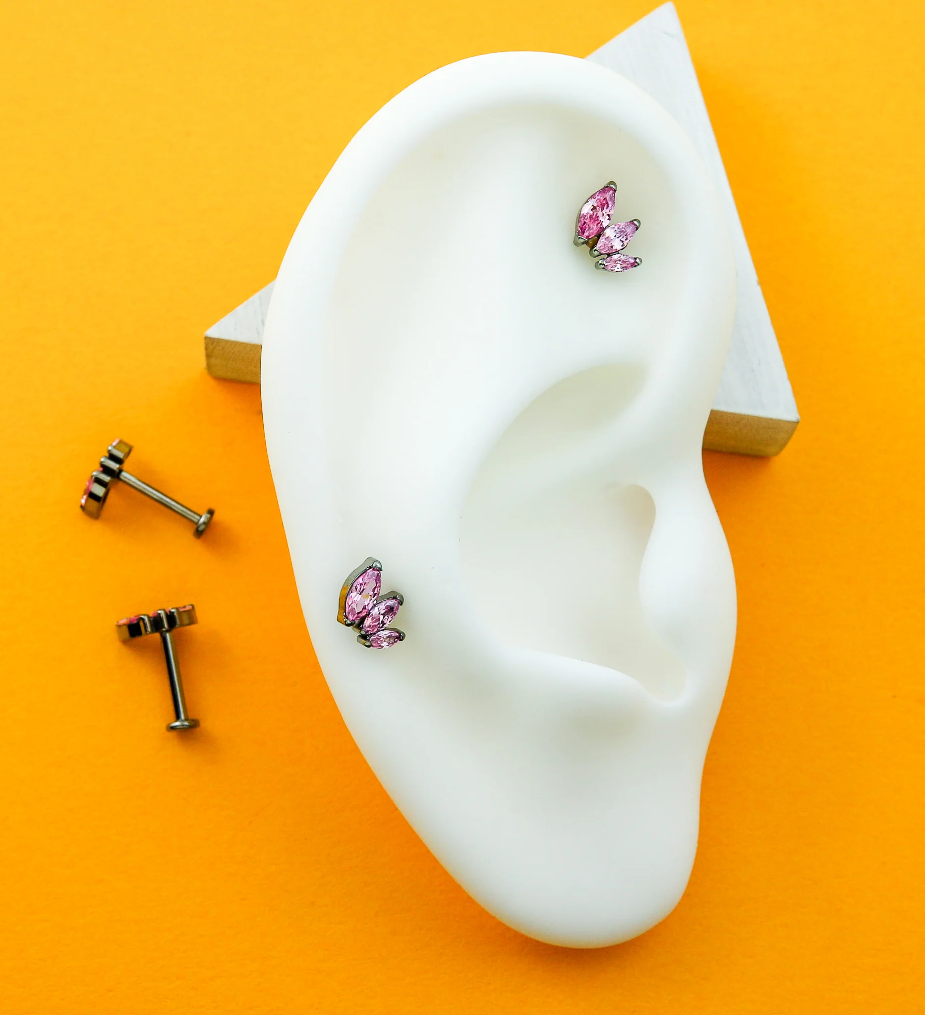 Triple Marquise Pink CZ Titanium Threadless Labret - Image 2