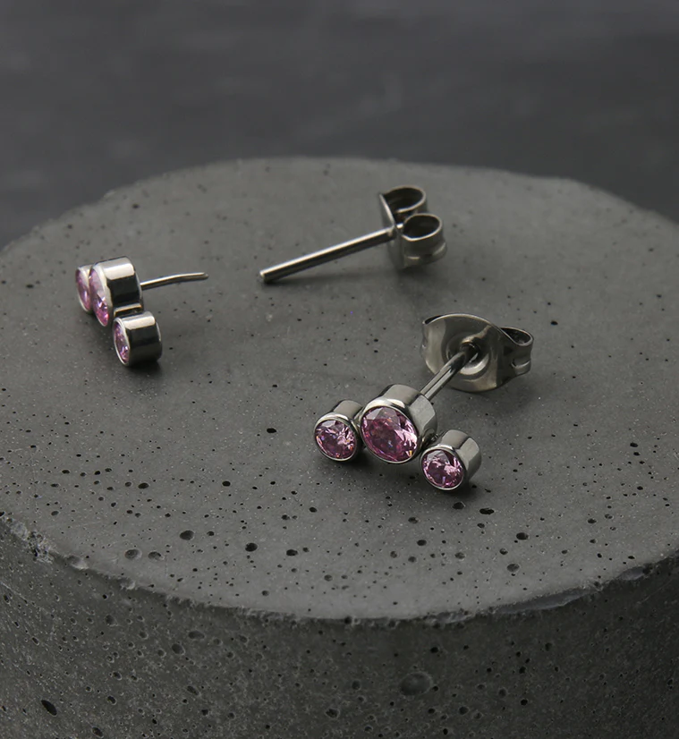 Triple Pink CZ Titanium Threadless Earrings - Image 2