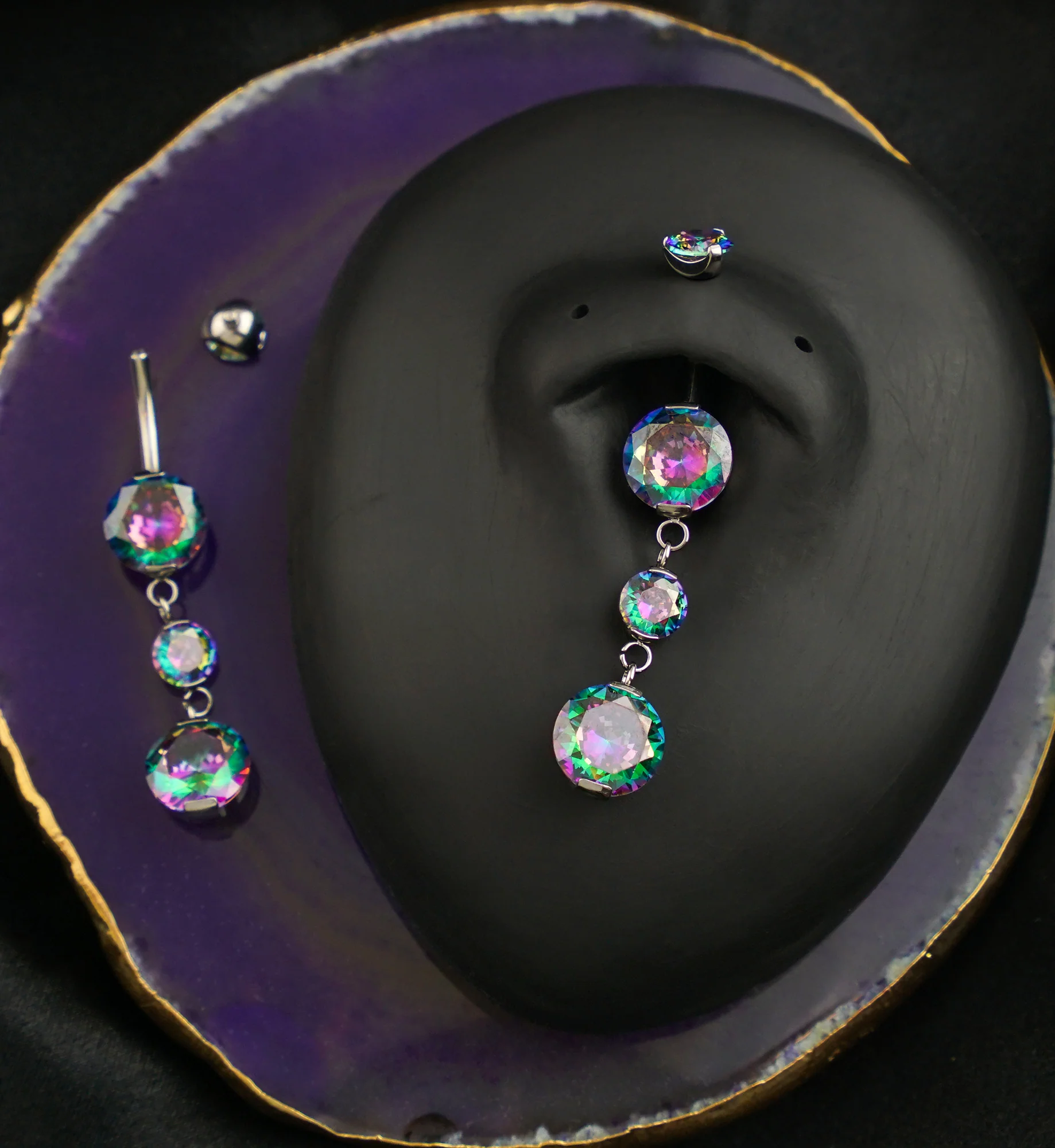 Triple Prong Black Aurora CZ Dangle Titanium Internally Threaded Belly Button Ring - Image 2