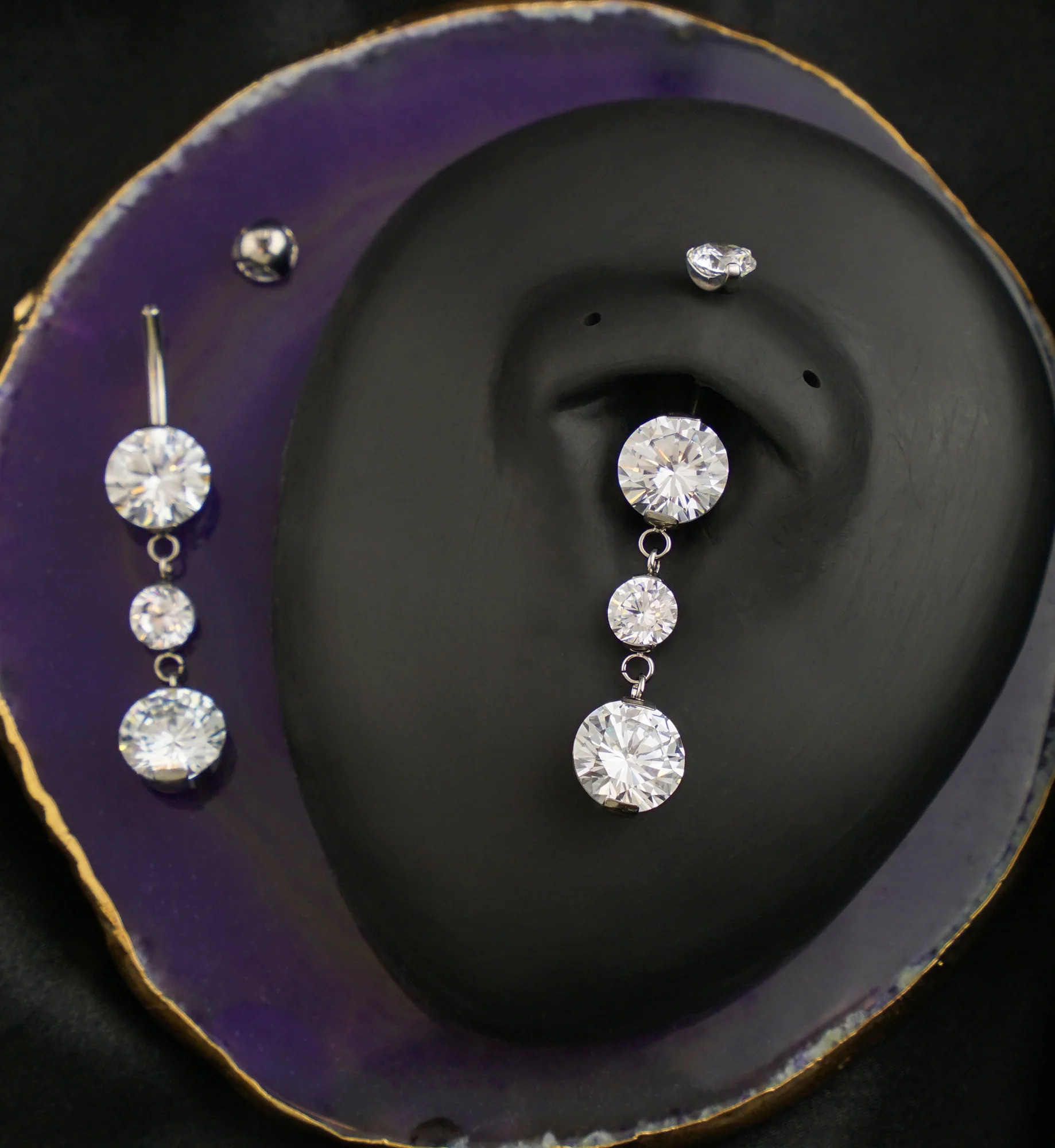 Triple Prong Clear CZ Dangle Titanium Internally Threaded Belly Button Ring - Image 2