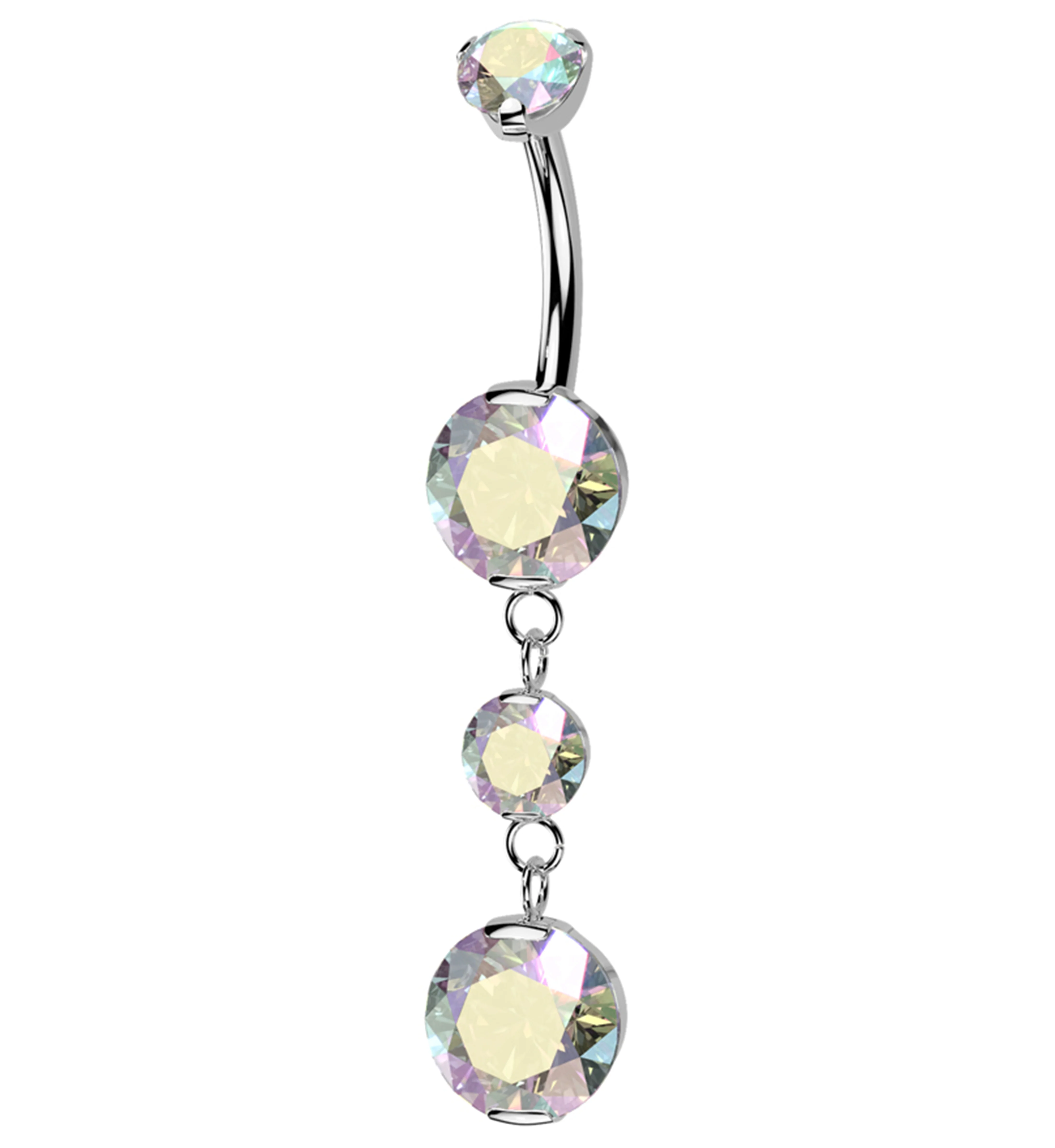 Triple Prong Rainbow Aurora CZ Dangle Titanium Internally Threaded Belly Button Ring