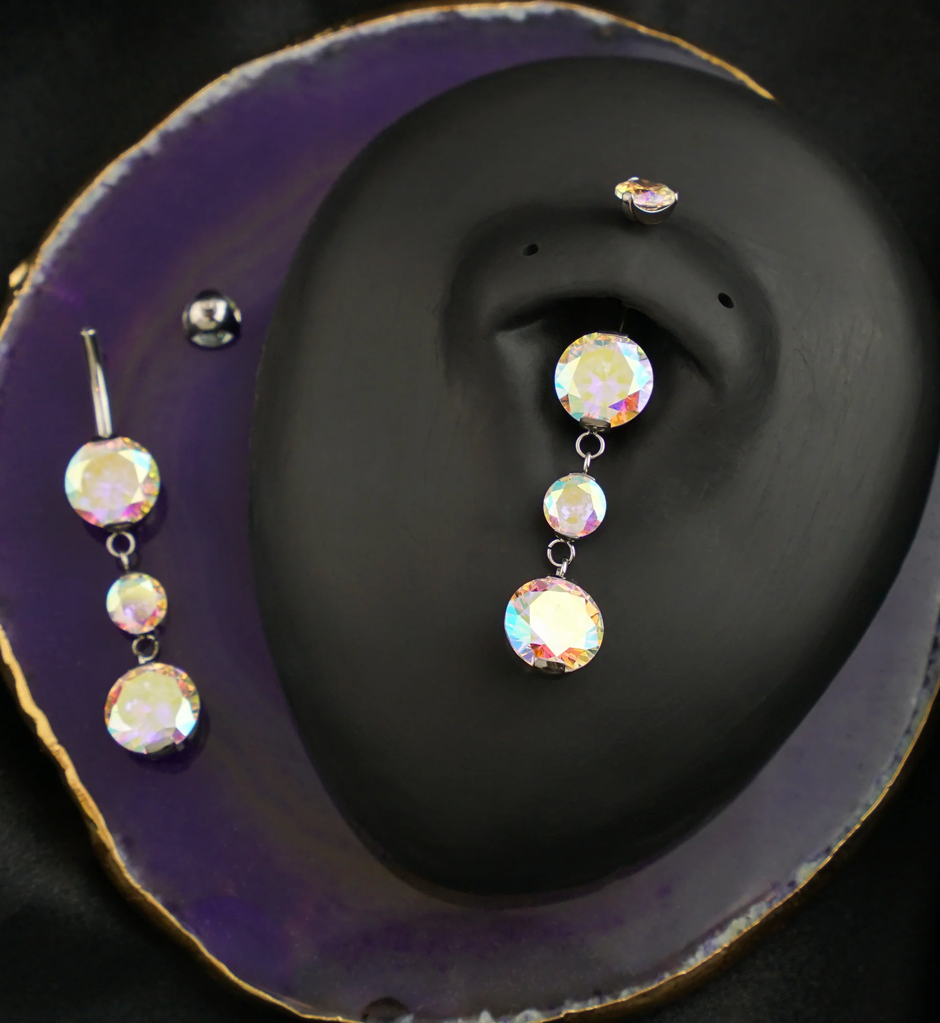 Triple Prong Rainbow Aurora CZ Dangle Titanium Internally Threaded Belly Button Ring - Image 2