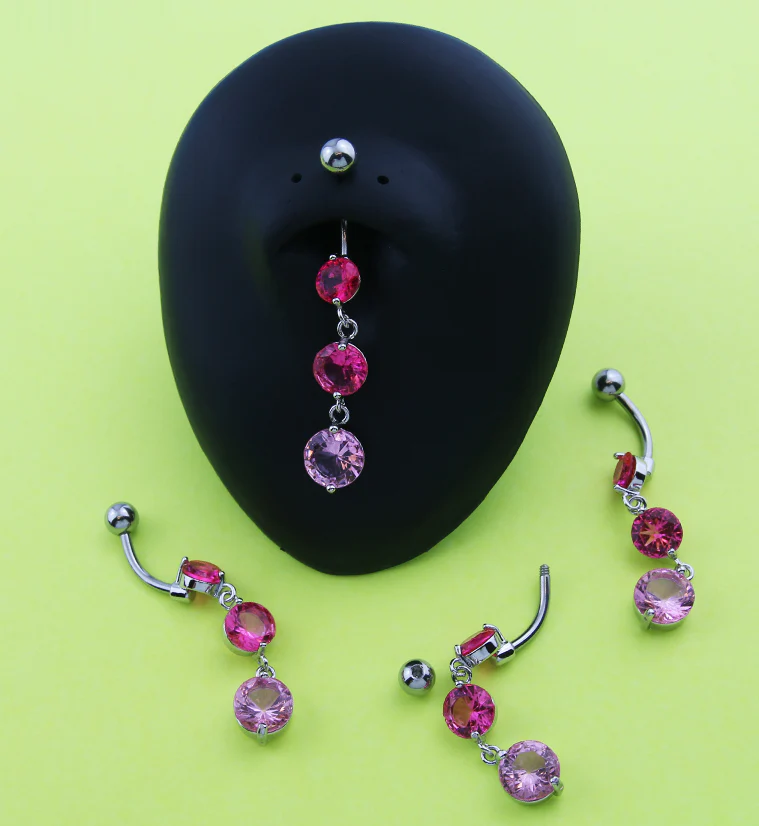 Triple Round Pink CZ Dangle Stainless Steel Belly Button Ring - Image 2