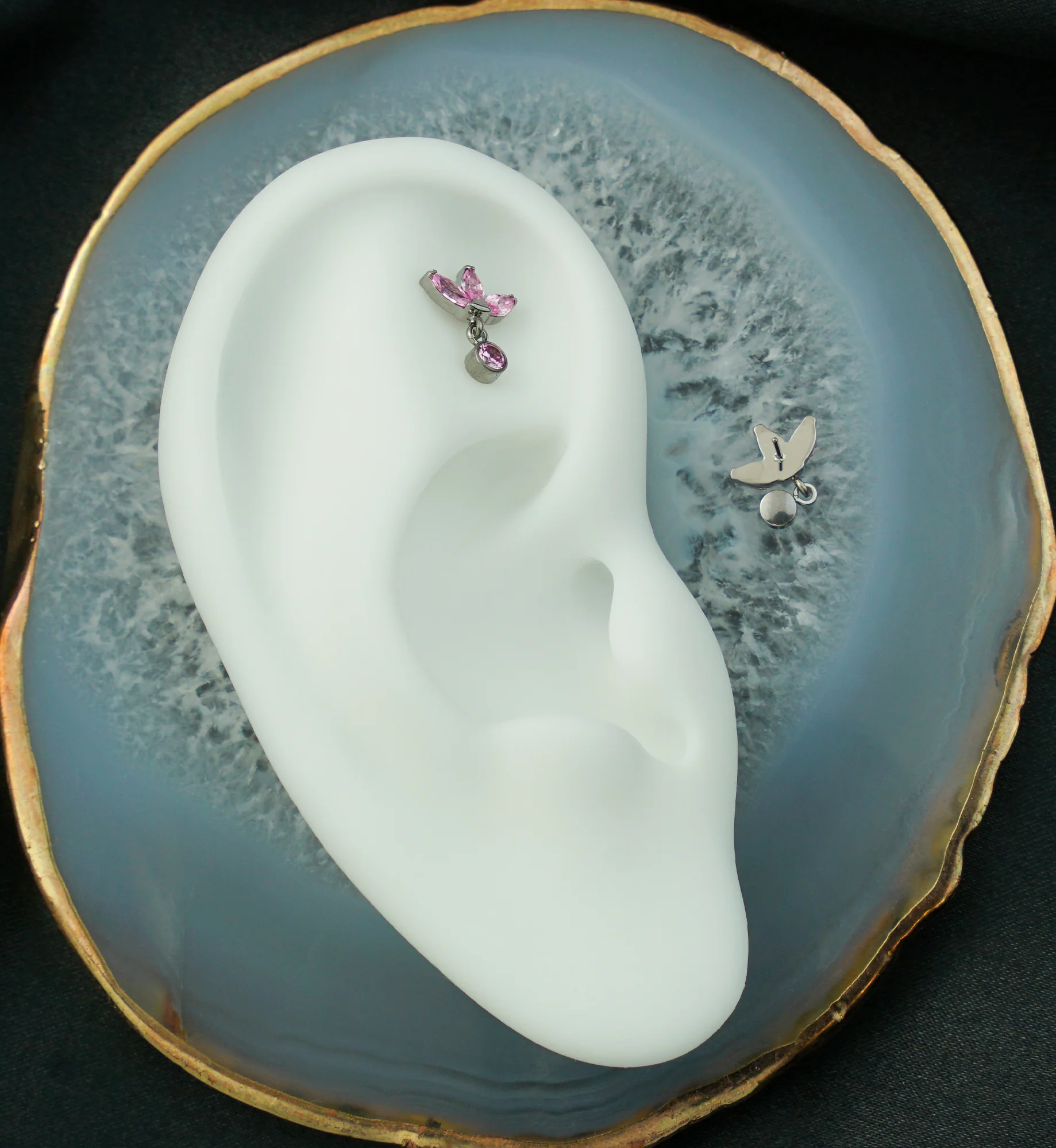 Triple Sepal Marquise Pink CZ Bezel Dangle Titanium Threadless Top - Image 2