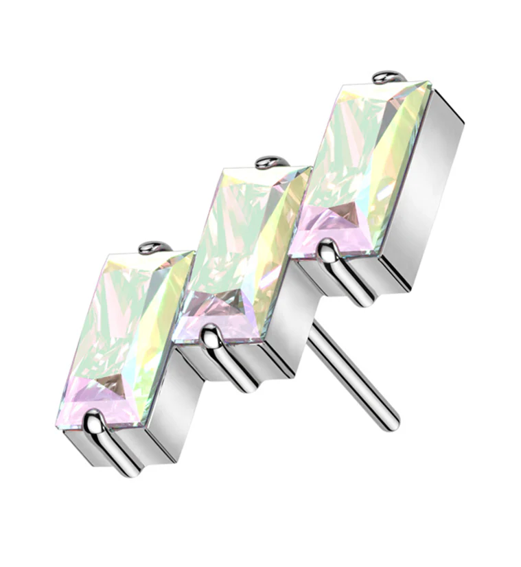 Triple Slant Rainbow Aurora CZ Threadless Titanium Top