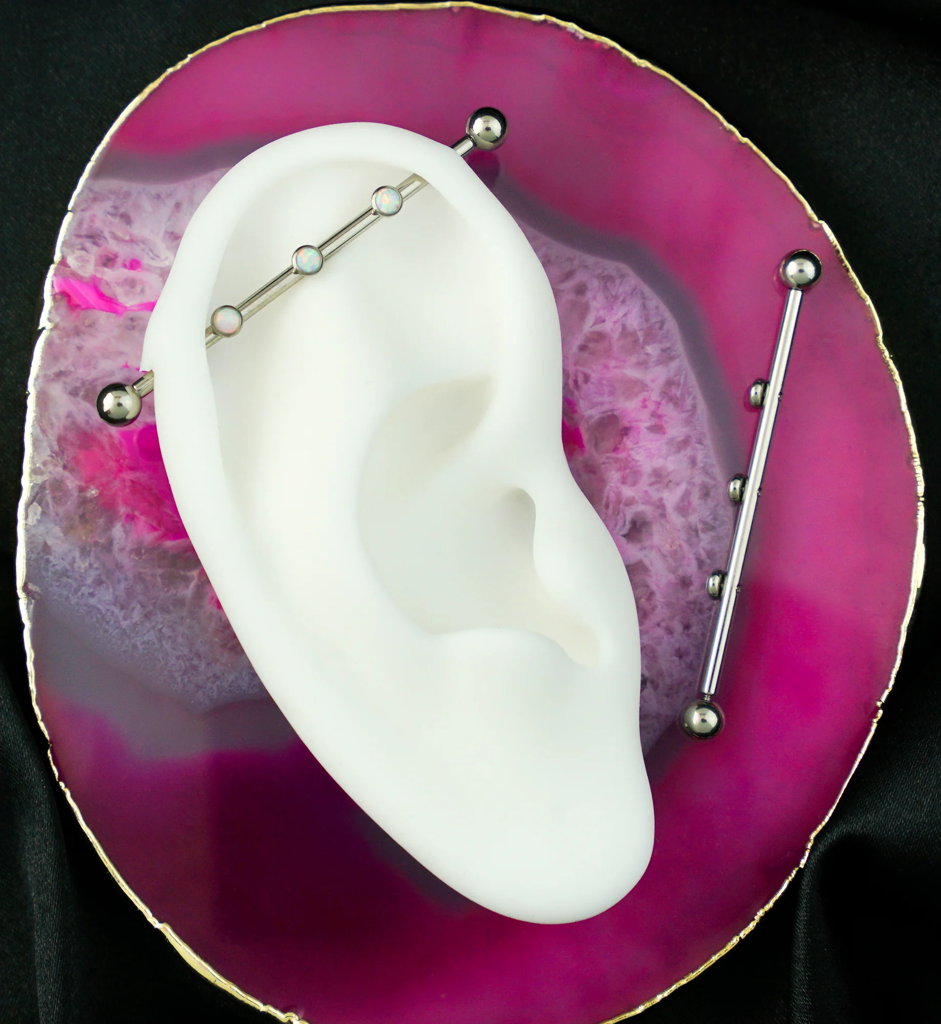 Triple White Opalite CZ Internally Threaded Titanium Industrial Barbell - Image 2