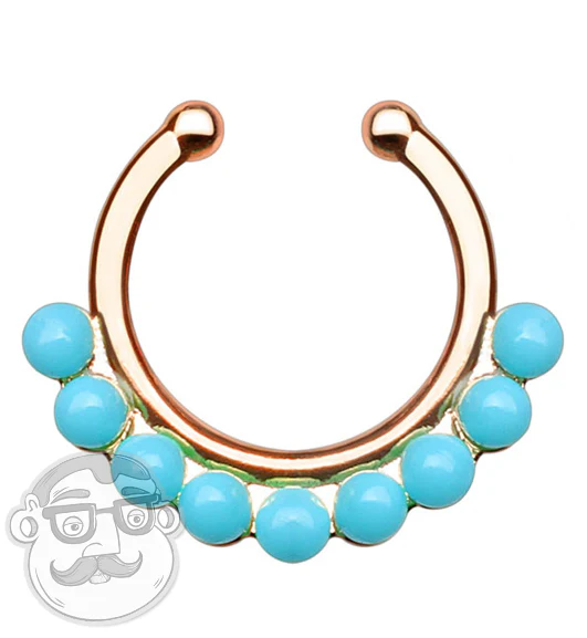 Turquoise Beaded Rim Rose Gold Fake Septum Clicker Ring
