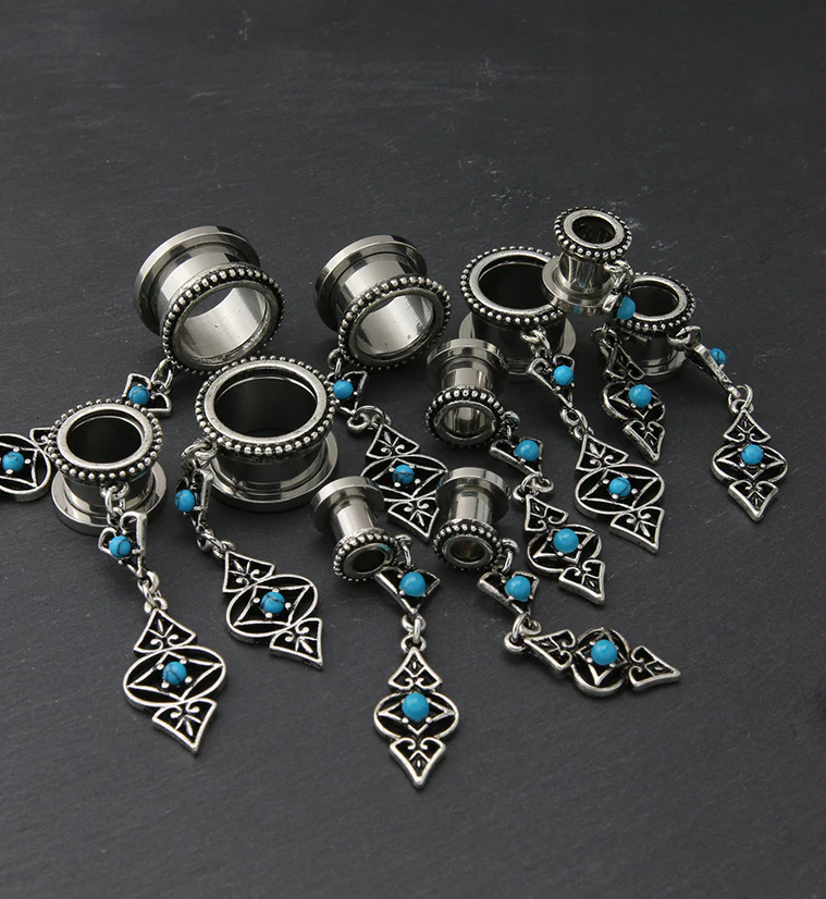 Turquoise Howlite Dangle Charm Stainless Steel Tunnel Plugs - Image 2