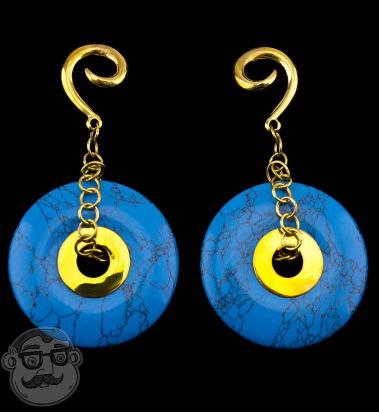 Turquoise Howlite Stone Disk Brass Ear Weights