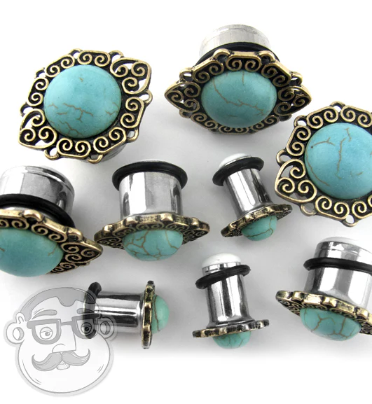 Turquoise Stone Cabochon Front Steel Plugs - Image 3