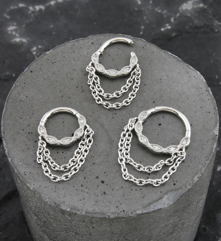 Twist Beaded CZ Double Dangle Chain Stainless Steel Hinged Segment Ring - Image 2