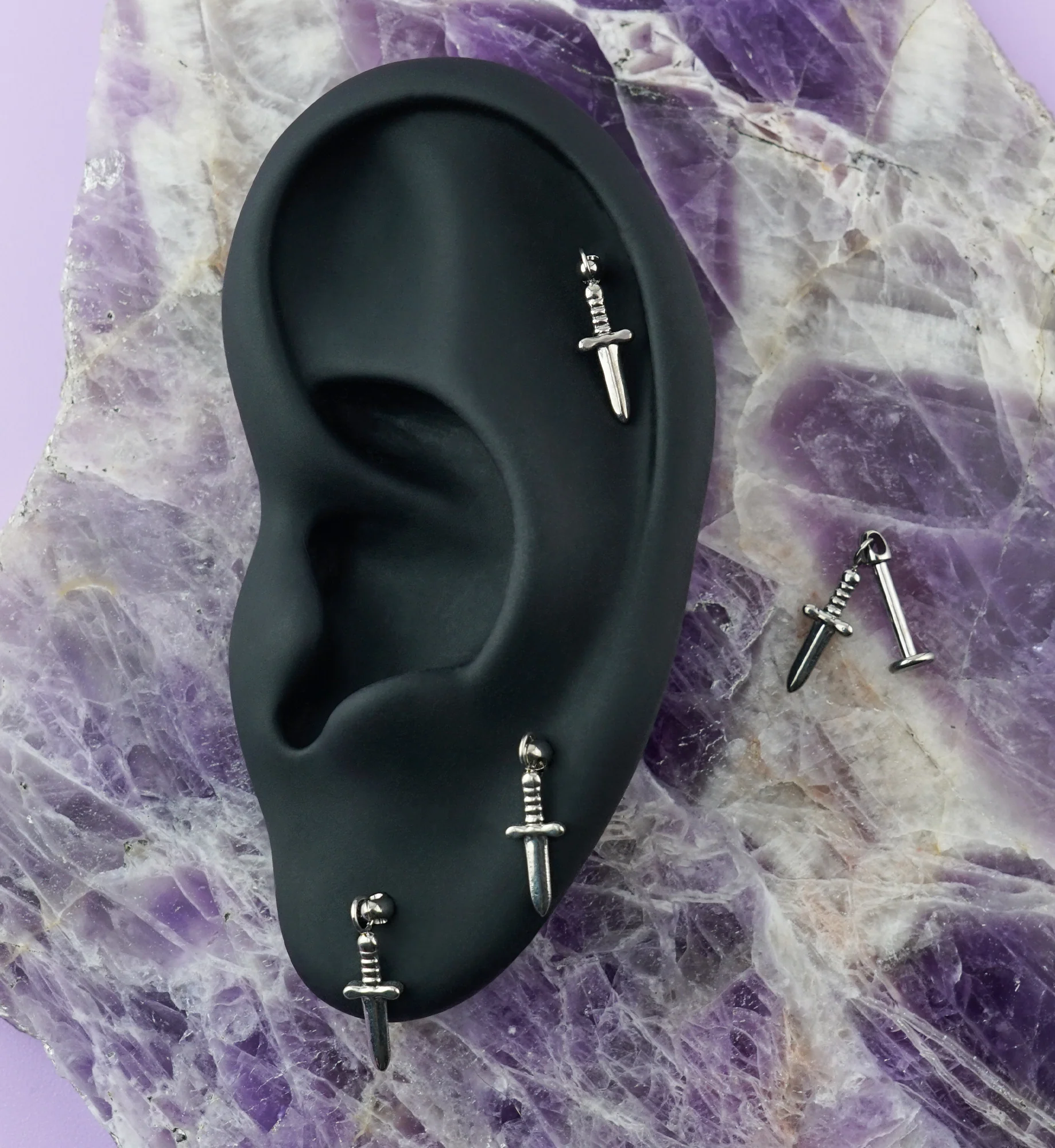 Twisted Handle Dagger Dangle Cone Top Internally Threaded Titanium Labret - Image 2