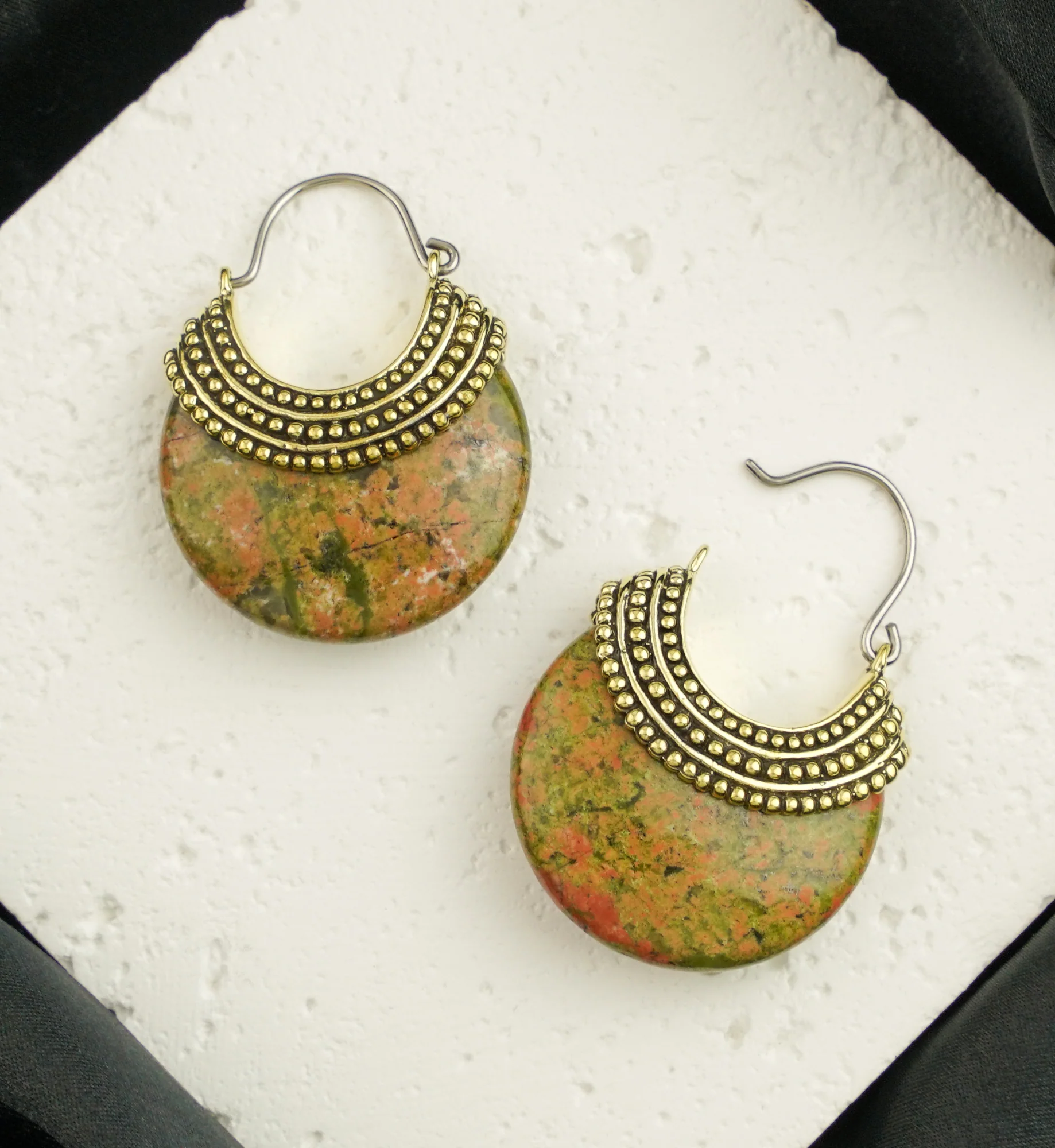 Unakite Beaded Brass Stone Earrings - Image 2
