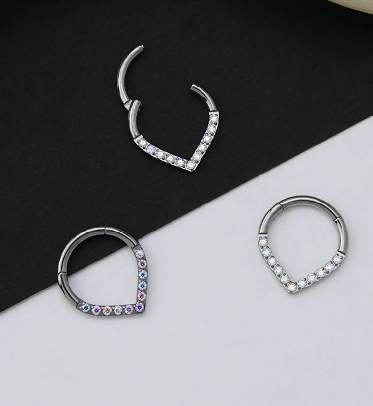 V-Shaped Aurora CZ Titanium Hinged Segment Ring - Image 2