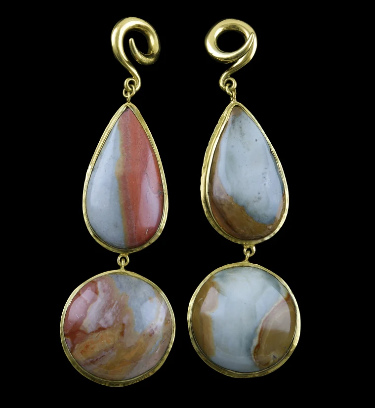 V4 Double Polychrome Ocean Jasper Stone Brass Ear Weights