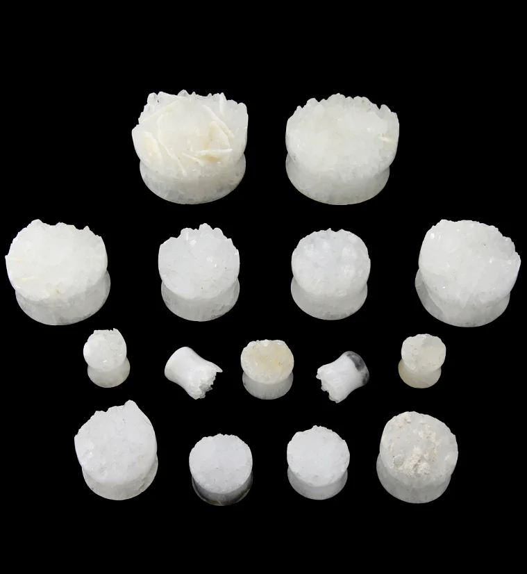 Raw White Agate Druzy Stone Plugs - Image 3