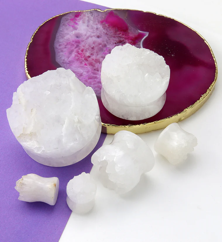 Raw White Agate Druzy Stone Plugs - Image 4