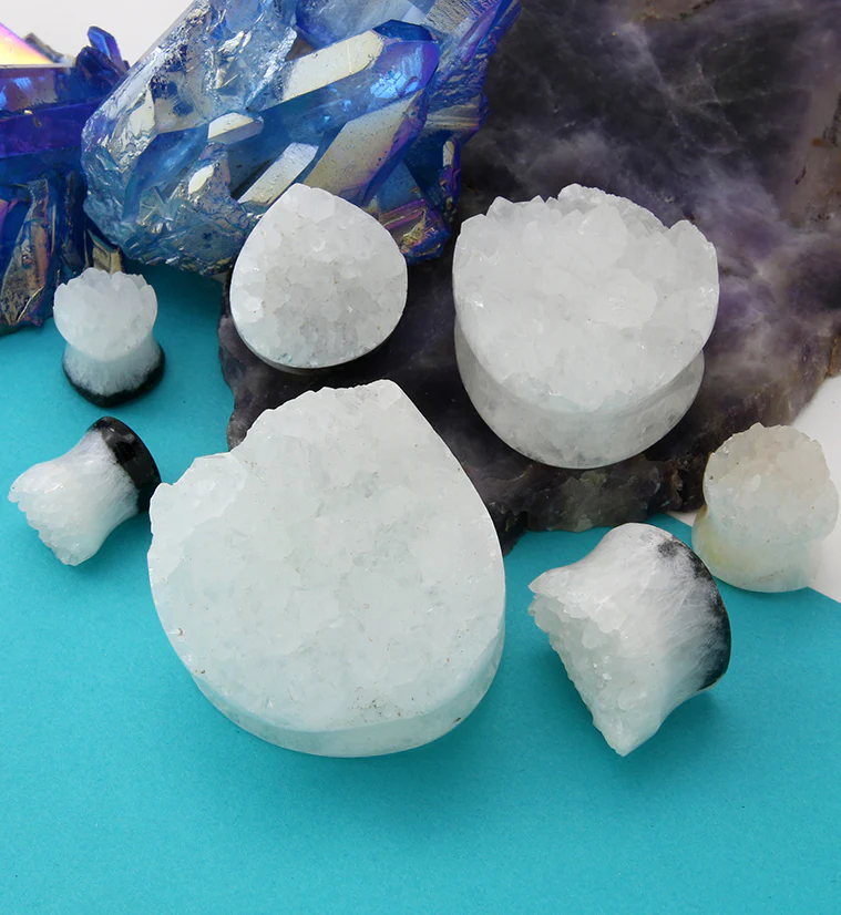Raw White Quartz Druzy Stone Teardrop Plugs - Image 3