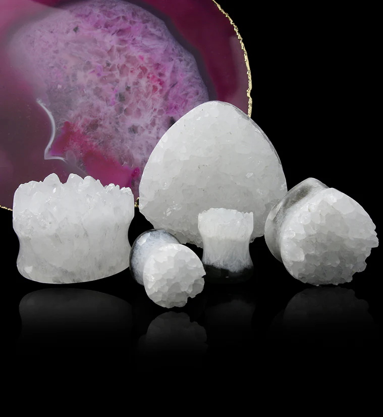 Raw White Quartz Druzy Stone Teardrop Plugs - Image 6