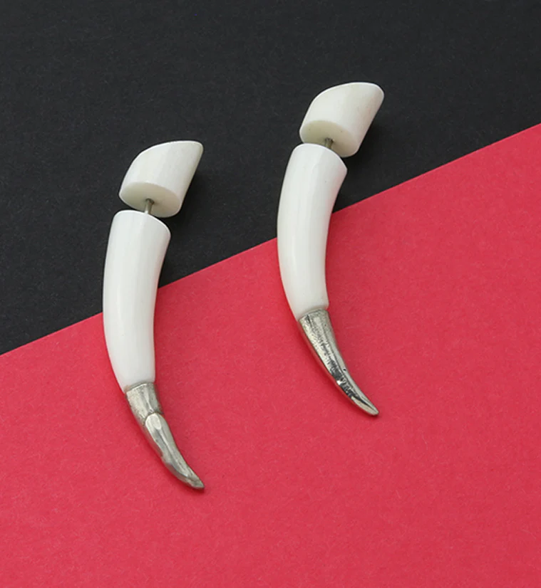 White Bone Fake Gauge Tapers Tribal Earrings - Image 2