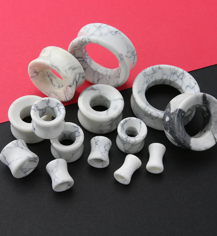 White Howlite Stone Double Flare Tunnels - Image 2