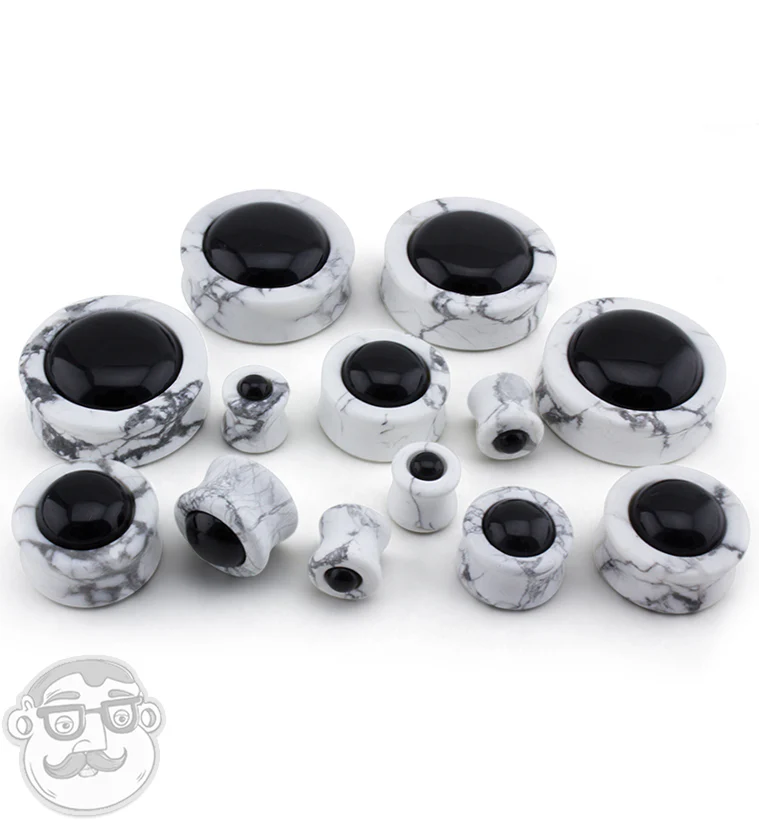 White Howlite Stone Plugs with Obsidian Stone Inlay - Image 2