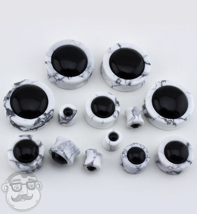 White Howlite Stone Plugs with Obsidian Stone Inlay - Image 4