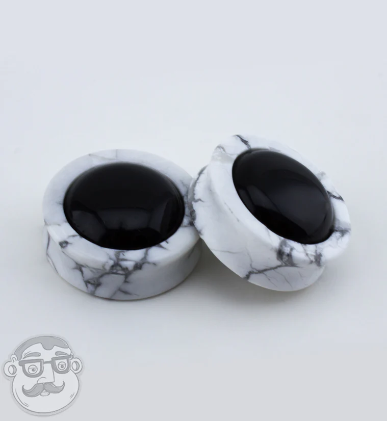 White Howlite Stone Plugs with Obsidian Stone Inlay - Image 5