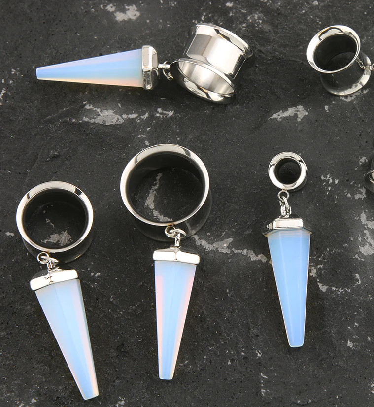 White Opalite Cone Crystal Dangle Stainless Steel Tunnel Plugs - Image 2