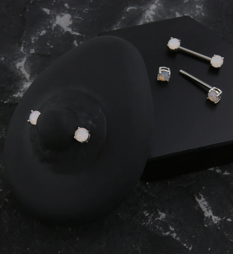 White Opalite Prong Stainless Steel Nipple Barbell - Image 2