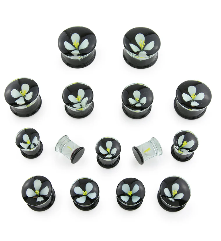 White Poppy Flower Black Glass Double Flare Plugs - Image 3