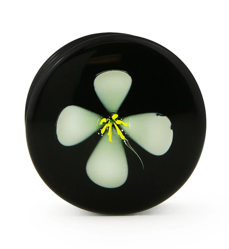 White Poppy Flower Black Glass Double Flare Plugs - Image 5
