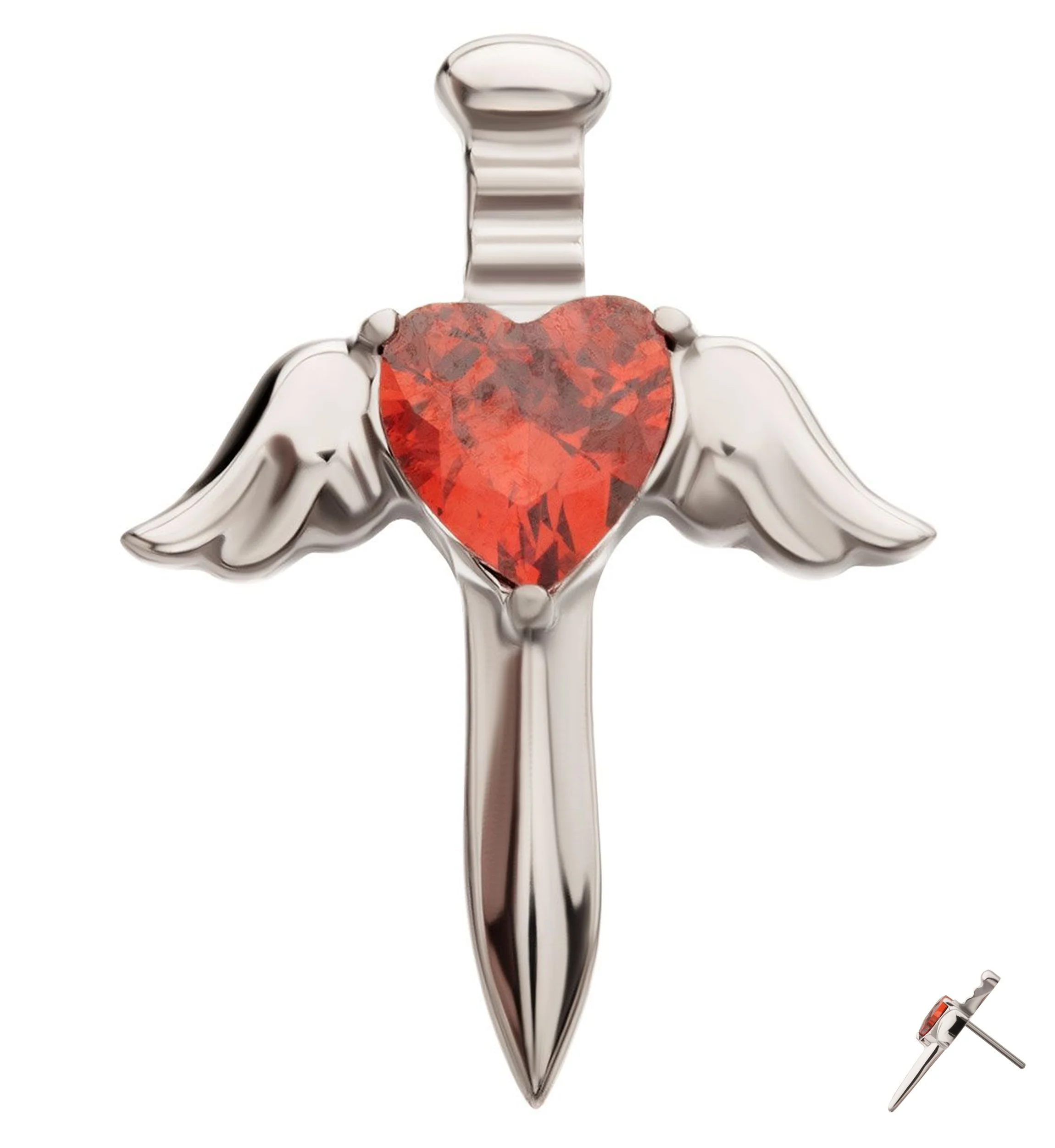 Angel Dagger Red Heart CZ Titanium Threadless Top