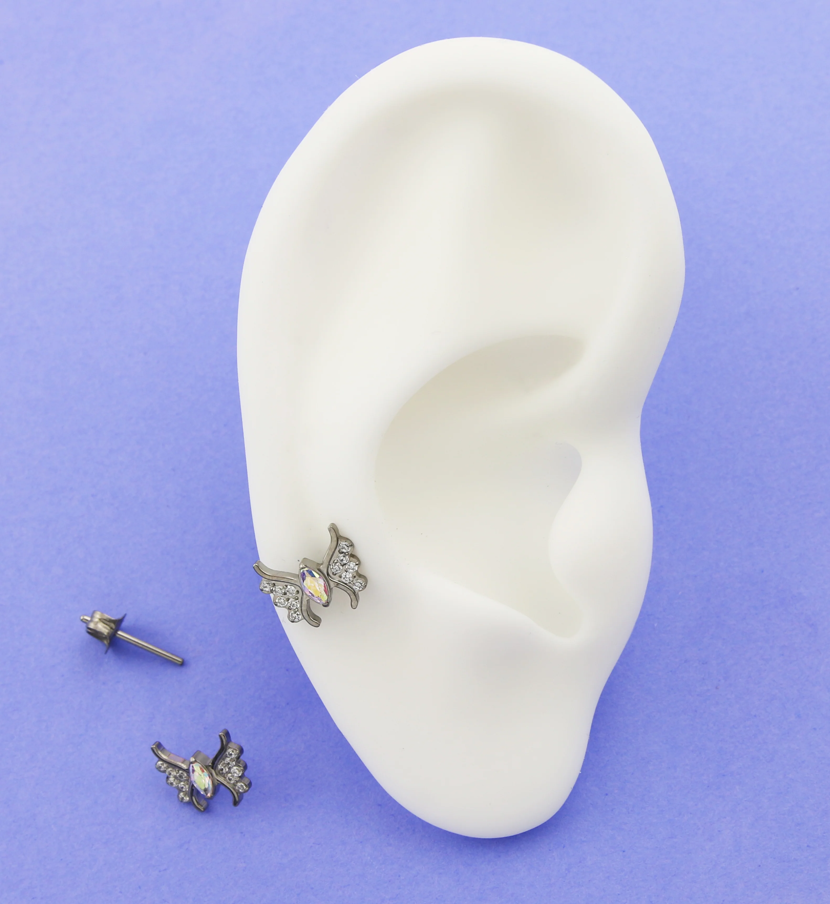 Wings Rainbow Aurora CZ Titanium Threadless Stud Earrings - Image 2